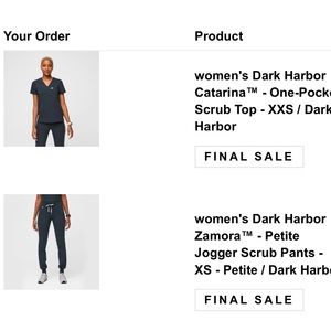 FIGS Scrubs in Dark Harbor. XXS top and XS petite pants